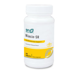 Front view of Klaire Labs SFI Niacin-SR 500 mg bottle with 100 scored tablets