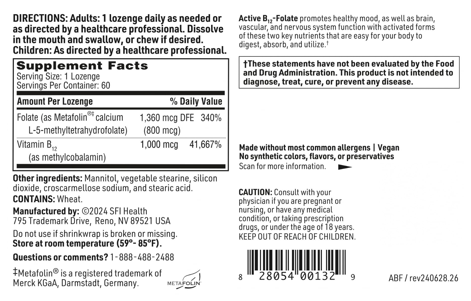 60-count bottle of SFI Health Active B12 + Folate lozenges