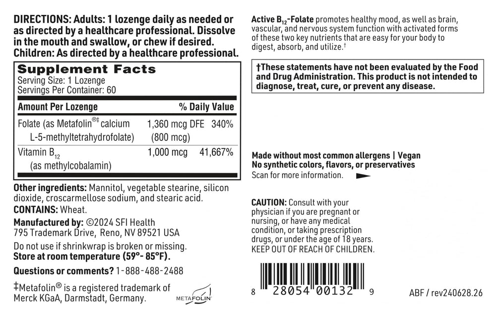 60-count bottle of SFI Health Active B12 + Folate lozenges