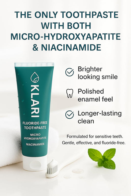 Close-up of the KLARI toothpaste label showing 7.5% micro-hydroxyapatite and 1% niacinamide.