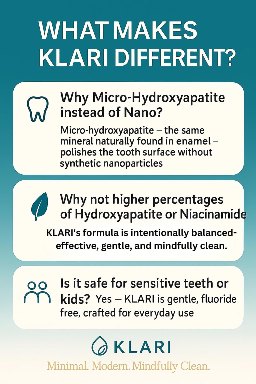 Minimal ingredient panel on KLARI toothpaste packaging.
