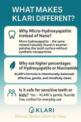 Minimal ingredient panel on KLARI toothpaste packaging.
