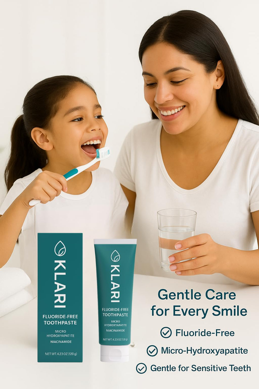 Packaging highlights that the toothpaste is fluoride-free, SLS-free, and paraben-free.