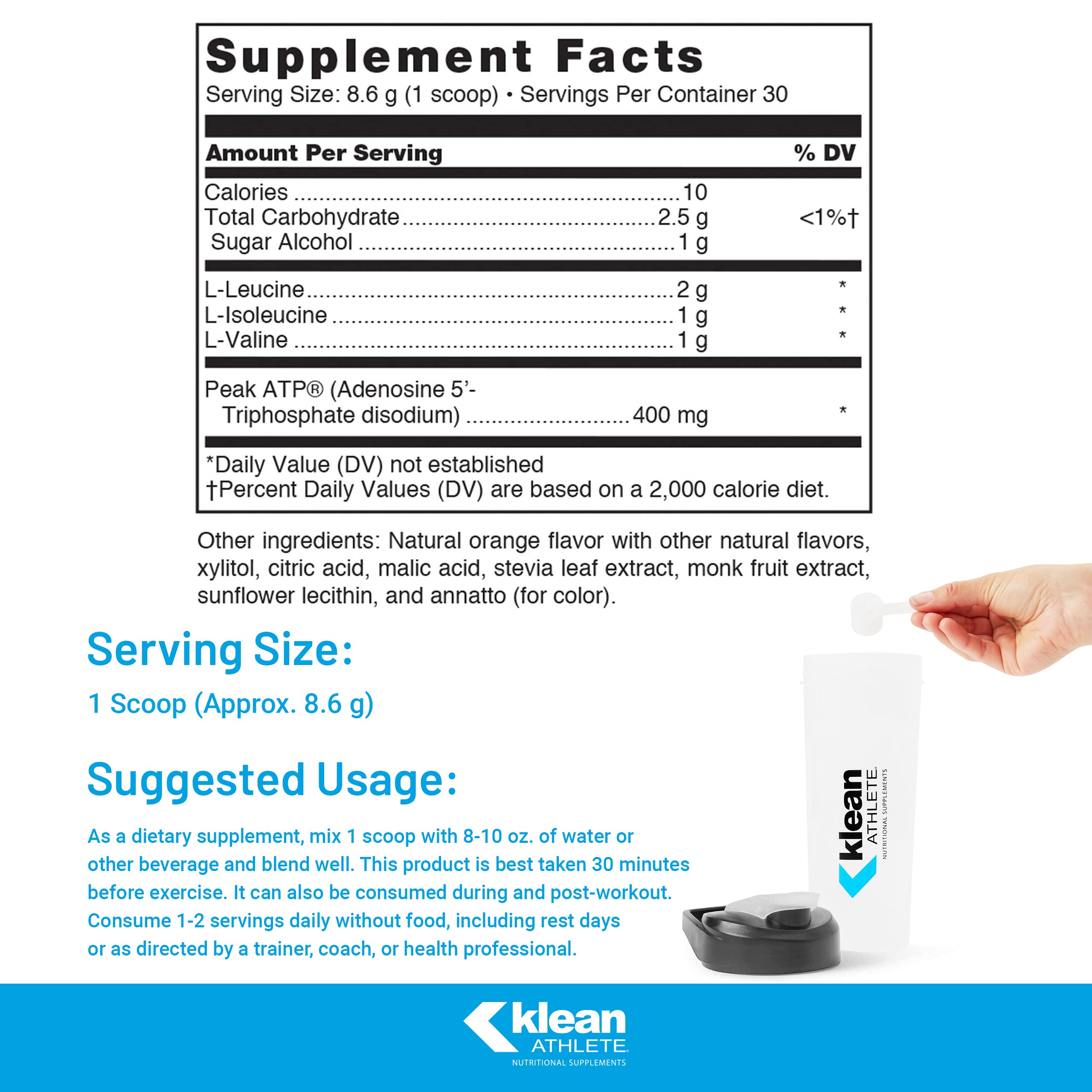 Close-up of Klean BCAA + Peak ATP bottle and label details