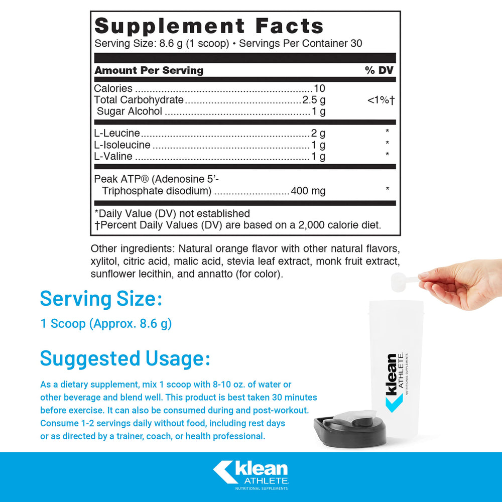 Close-up of Klean BCAA + Peak ATP bottle and label details
