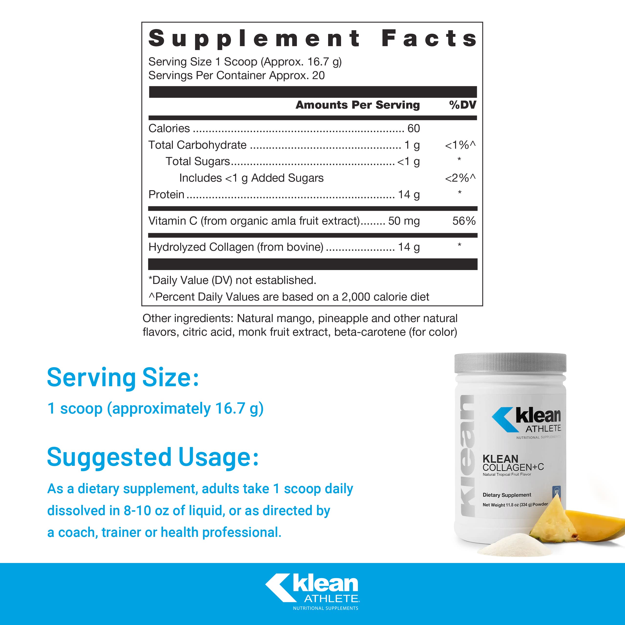 Back view showing ingredients and nutrition facts for Klean Collagen+C