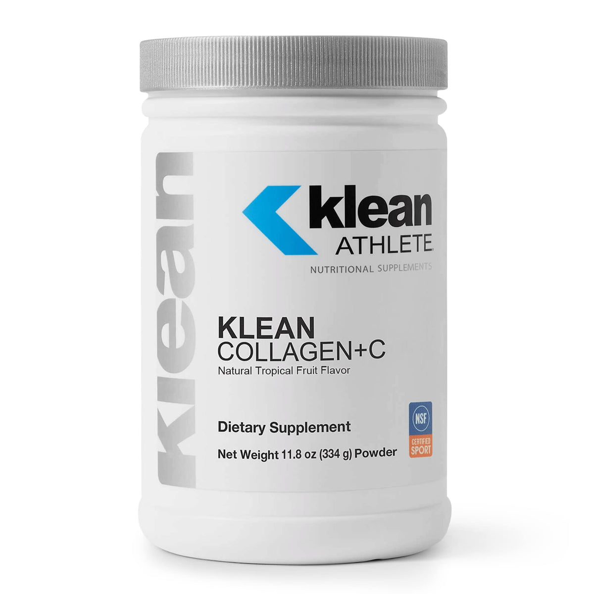 Front view of Klean Collagen+C 11.8 oz tropical fruit flavor bottle