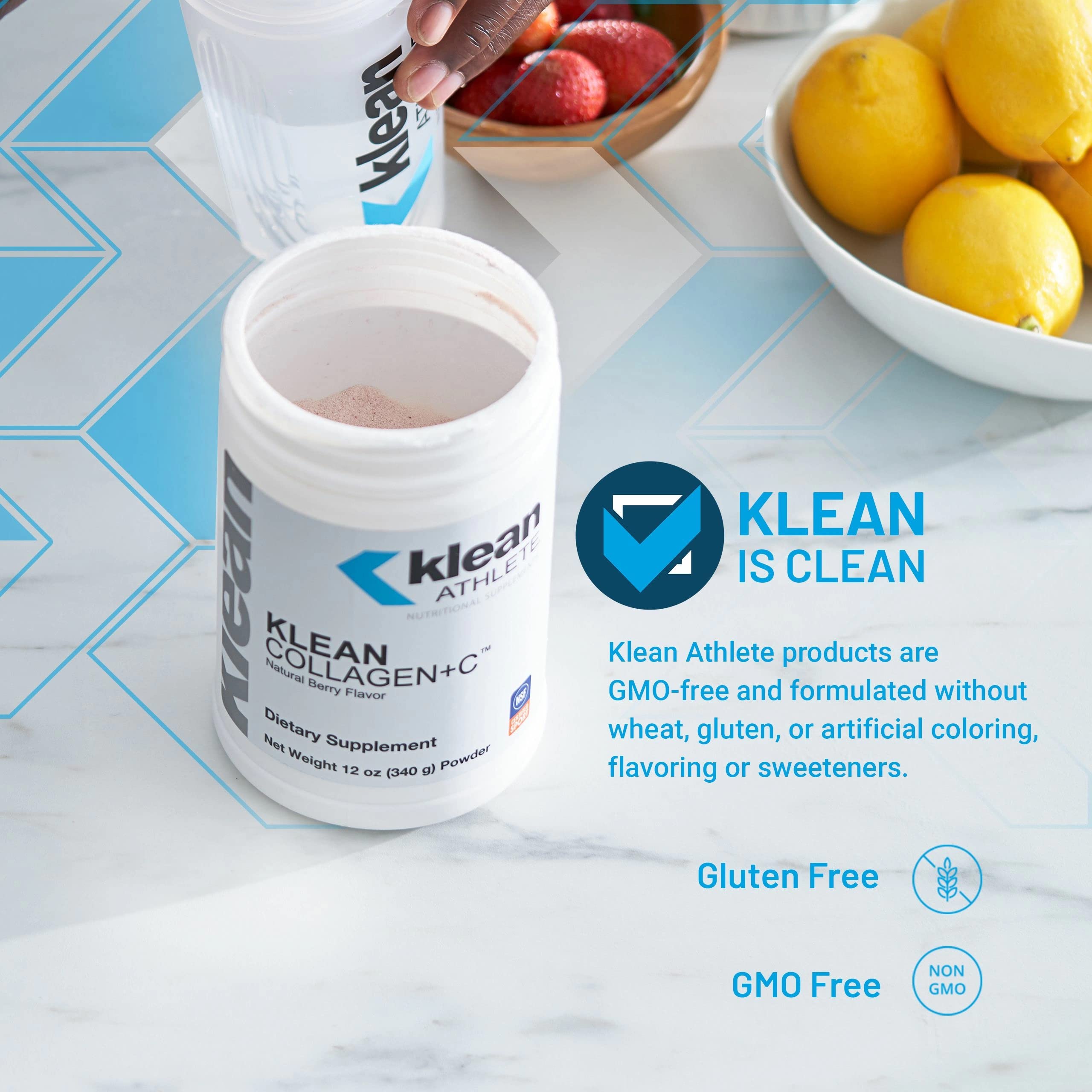 Side angle of Klean Collagen+C bottle with tropical fruit label