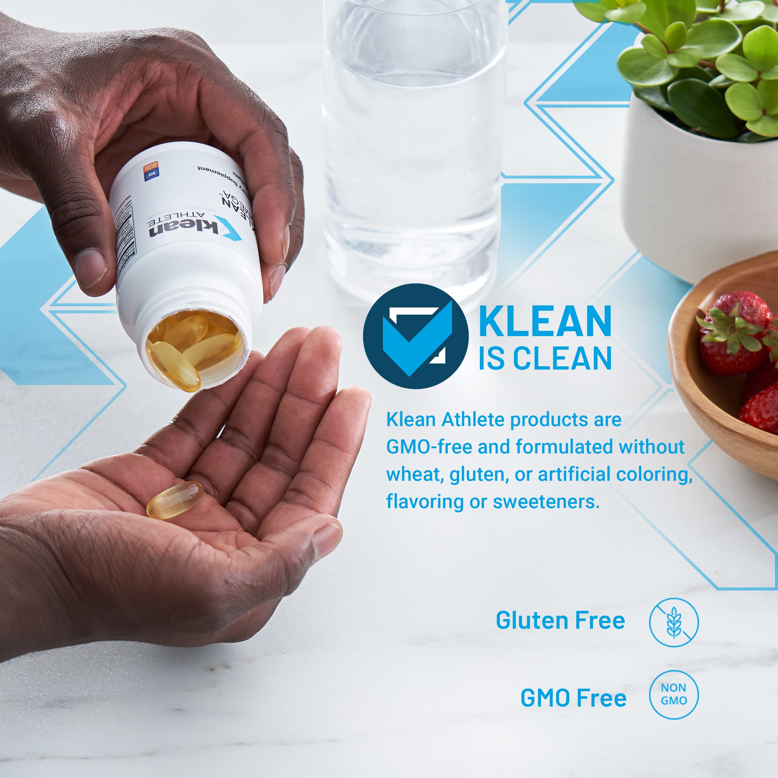 Klean Omega bottle label closeup showing NSF certification.