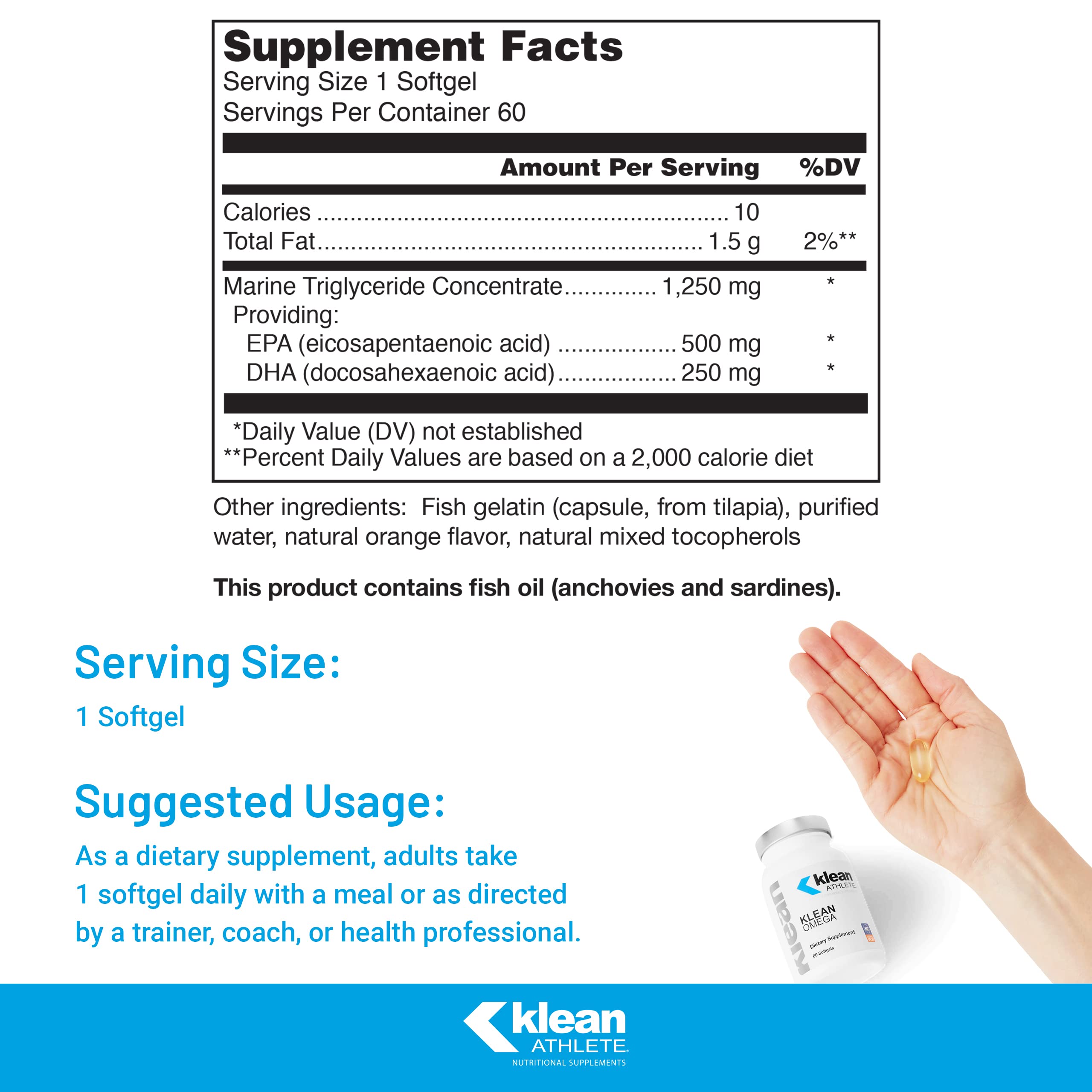 Klean Omega softgels poured into hand, easy daily omega-3 intake.