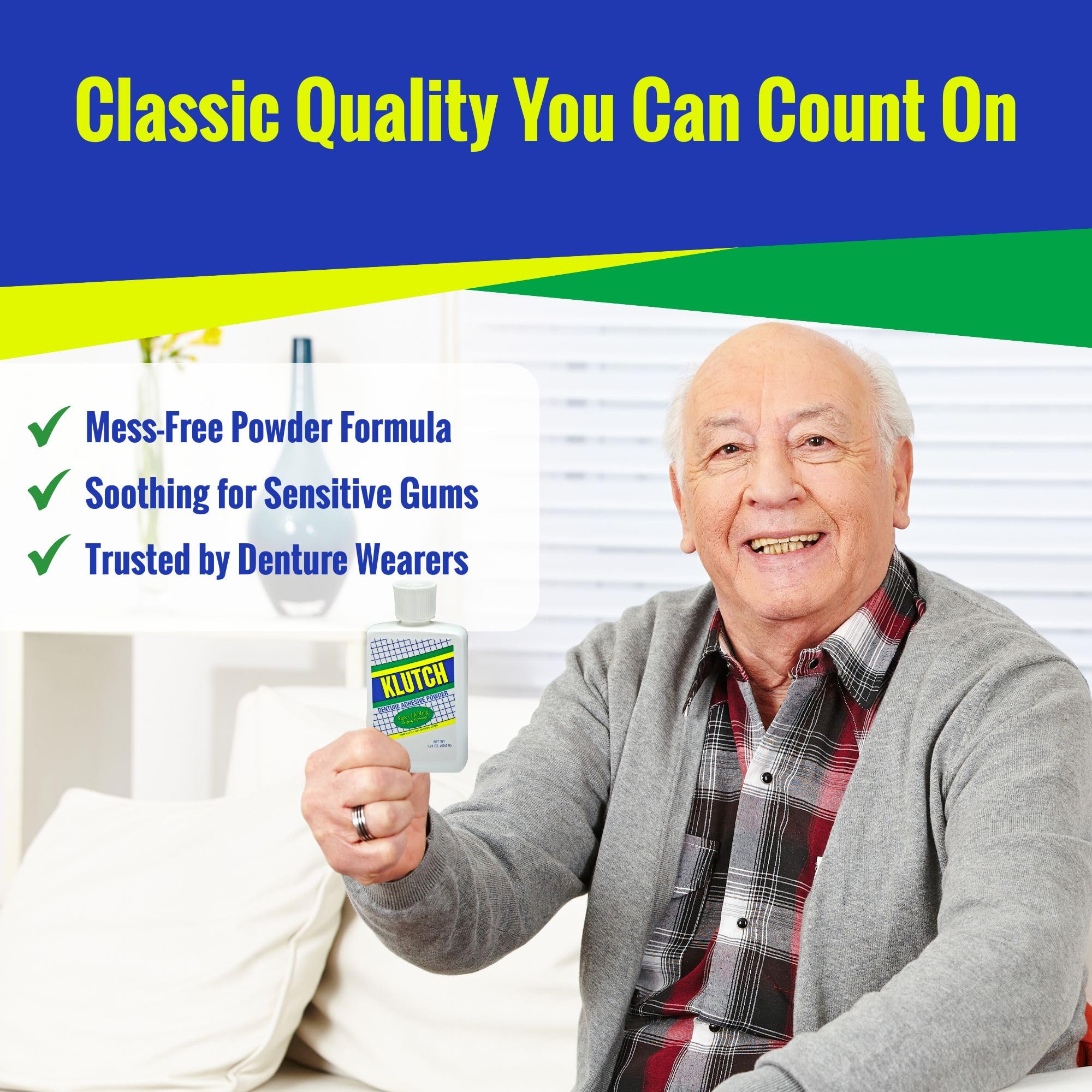 Klutch Denture Adhesive Powder beside dentures