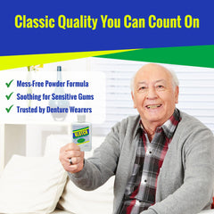 Klutch Denture Adhesive Powder beside dentures