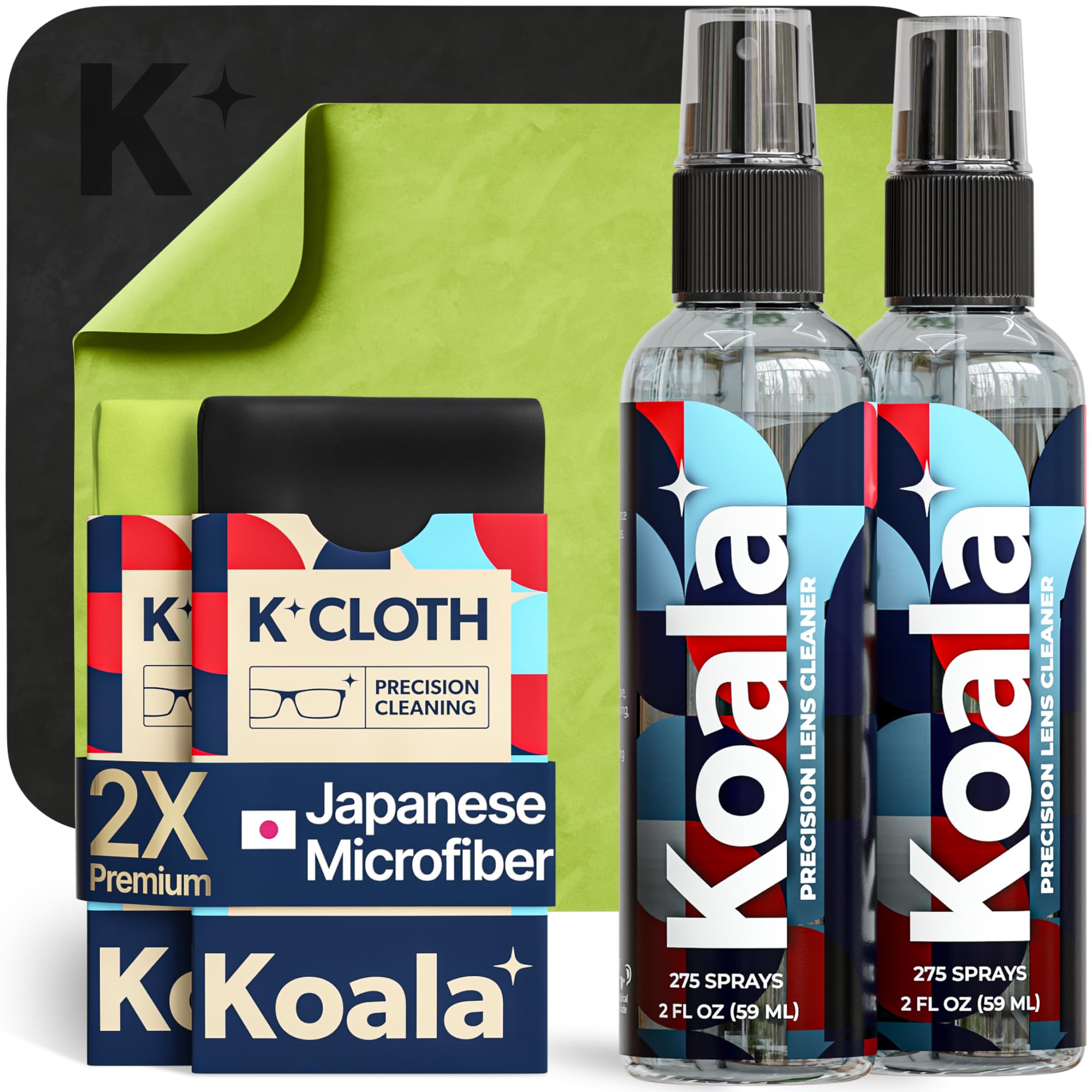 Koala eyeglass lens cleaner spray kit with all components arranged