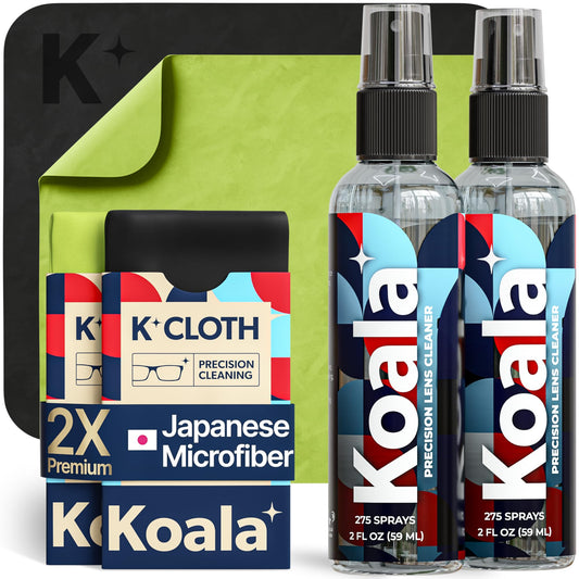 Koala eyeglass lens cleaner spray kit with all components arranged