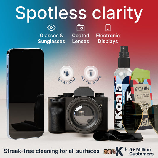 Two cleaner bottles and microfiber cloths for glasses cleaning