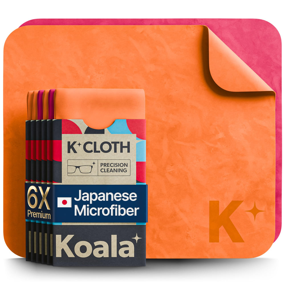 Pack of six Koala lens cleaning cloths in pink and orange