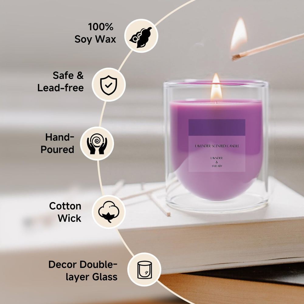 KOIMYSA Lavender Candle in room scene adds serene ambiance for office and meditation.