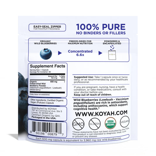 KOYAH Organic Wild Blueberry Capsules bottle back with nutrition panel
