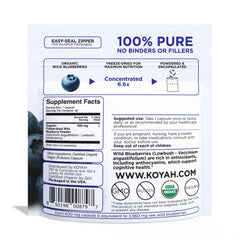 KOYAH Organic Wild Blueberry Capsules bottle back with nutrition panel