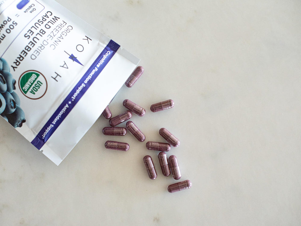 Serving size and dosage illustration for KOYAH wild blueberry capsules
