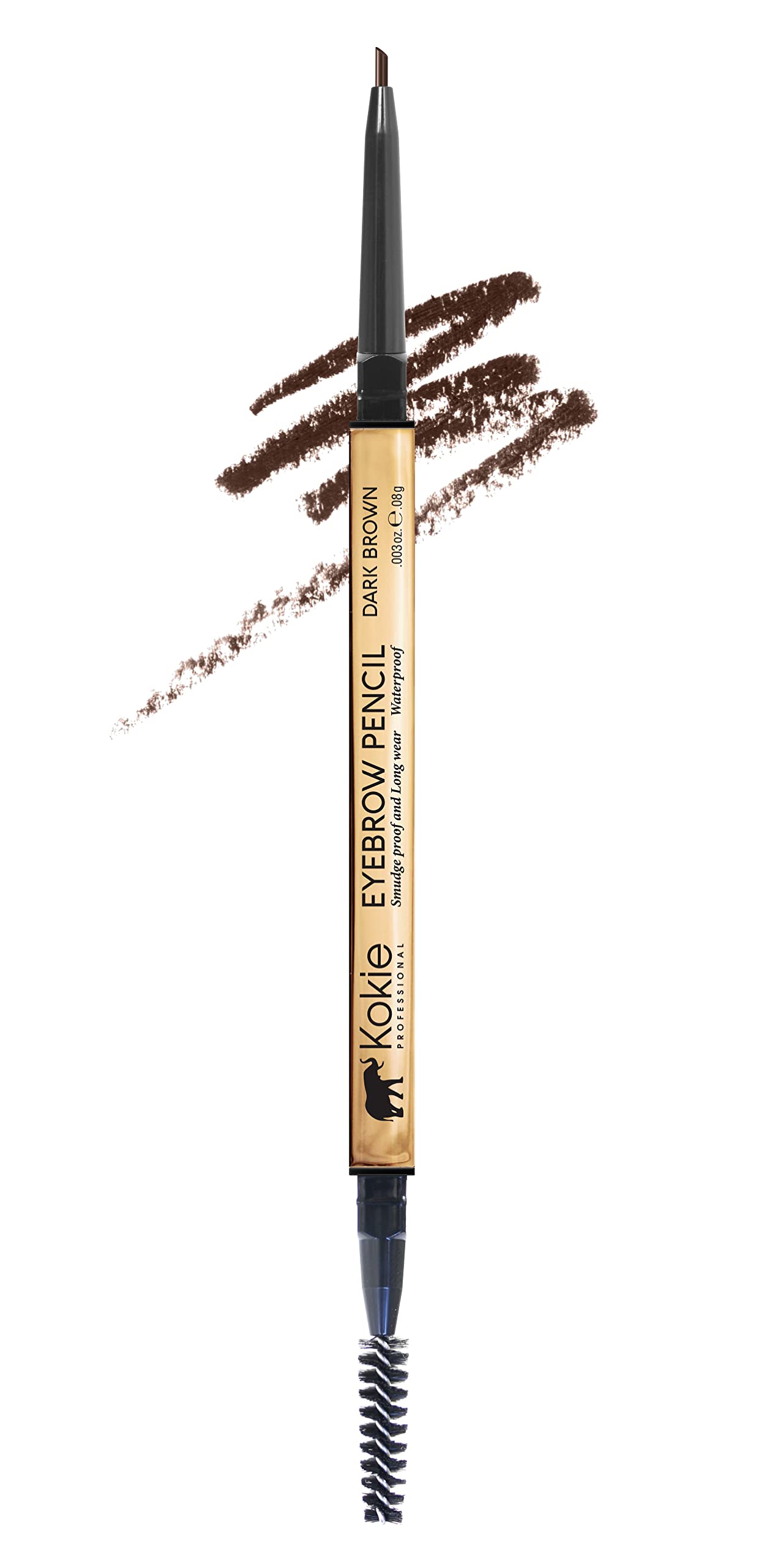 Kokie Micro-Fine Eyebrow Pencil in Dark Brown for precise, natural-looking brows and long-lasting wear.