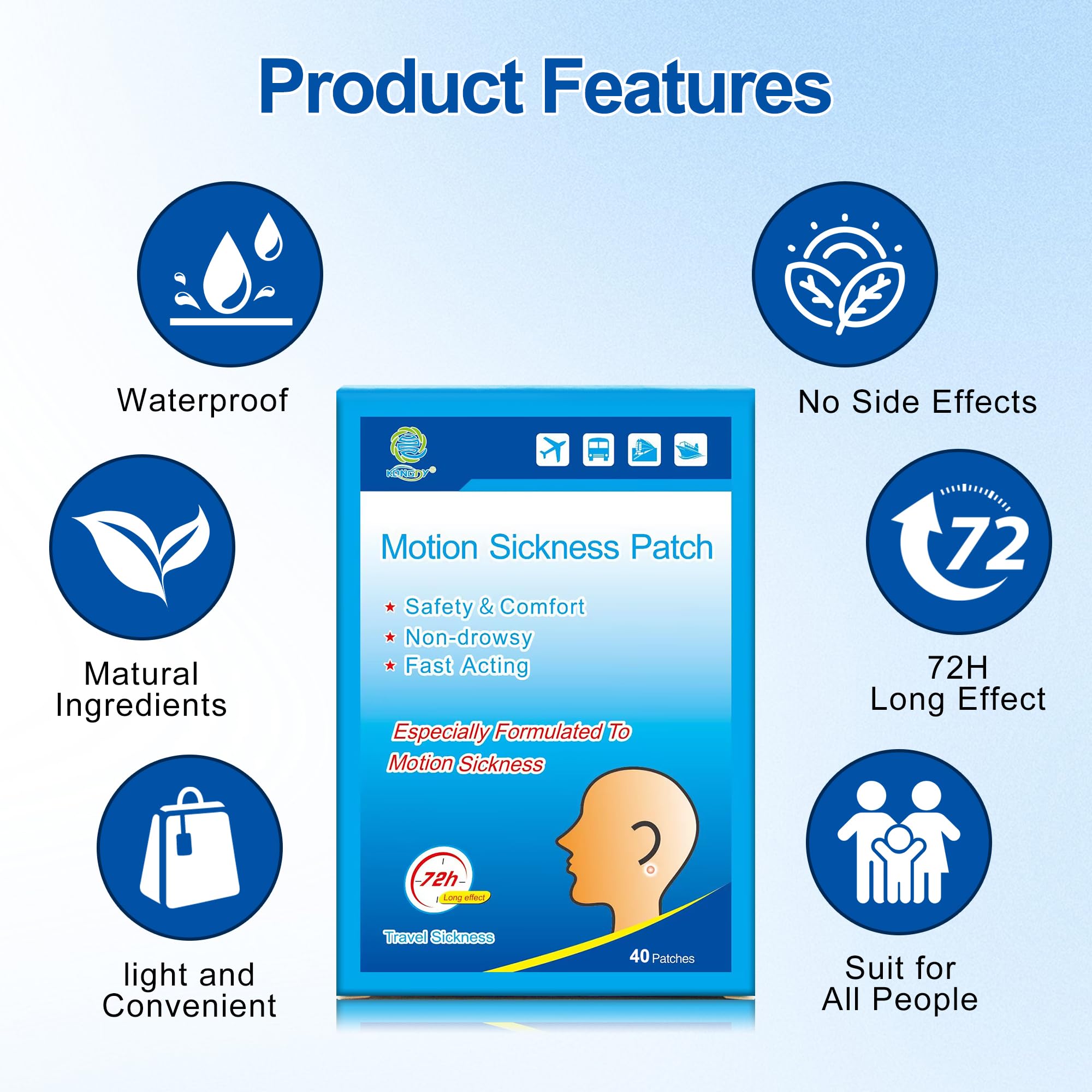 KONGDY motion patches behind-ears application enables fast onset during travel.