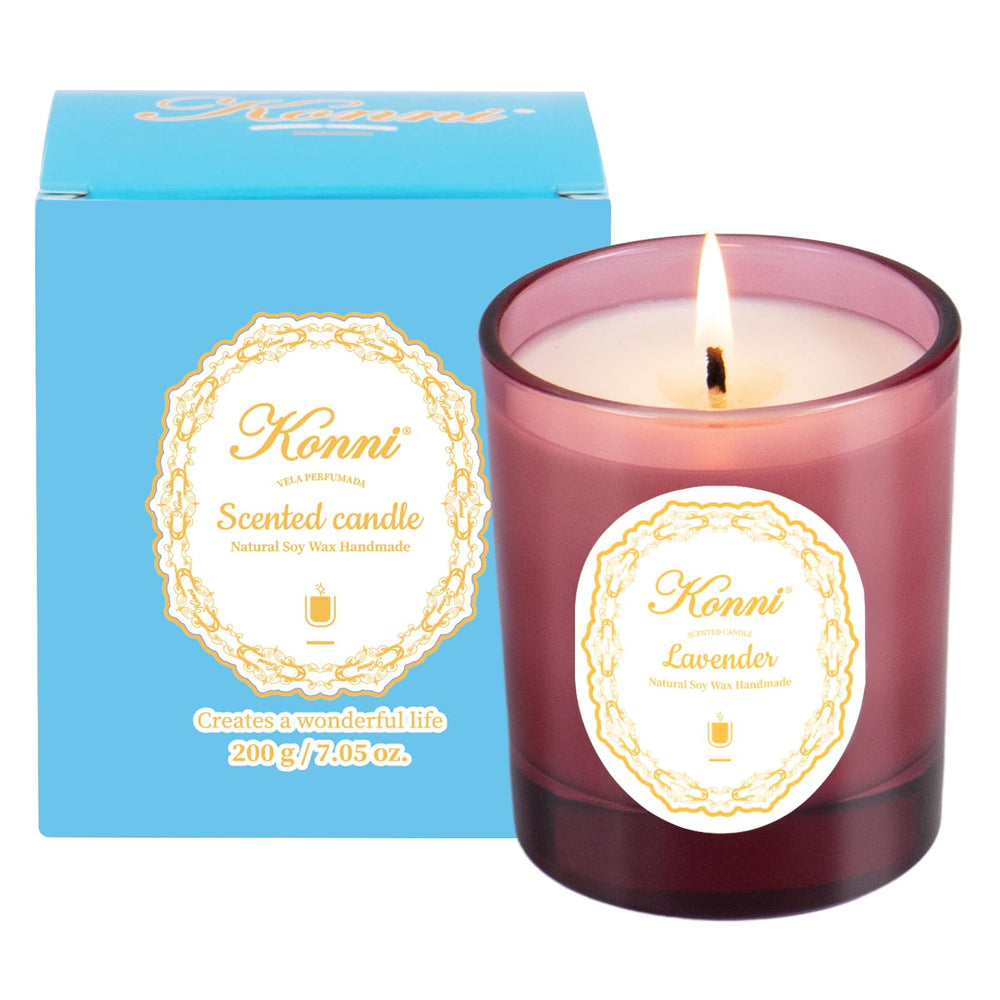 Lifestyle shot of lavender scented soy candle in a home setting