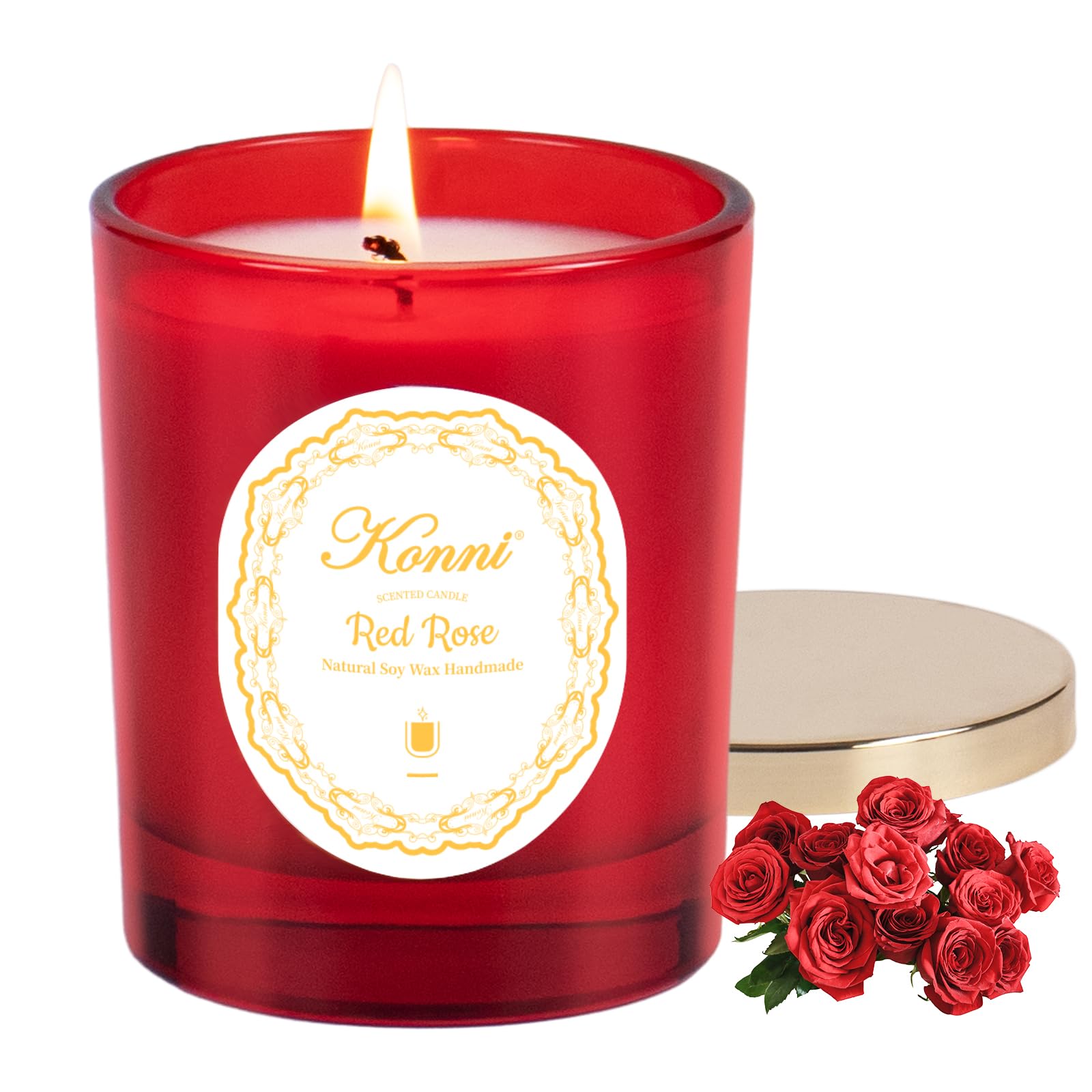 KONNI Red Rose Soy Candle - 7 oz jar, front view