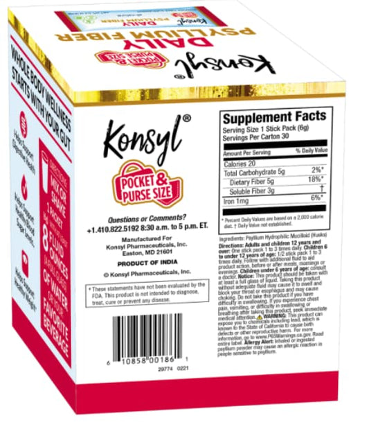 Konsyl Psyllium Fiber Powder 30-pack box and sticks