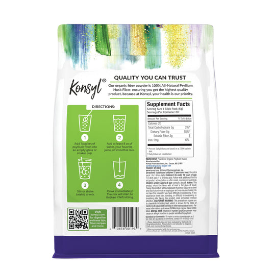 Box and four Konsyl psyllium fiber stick packs packaging