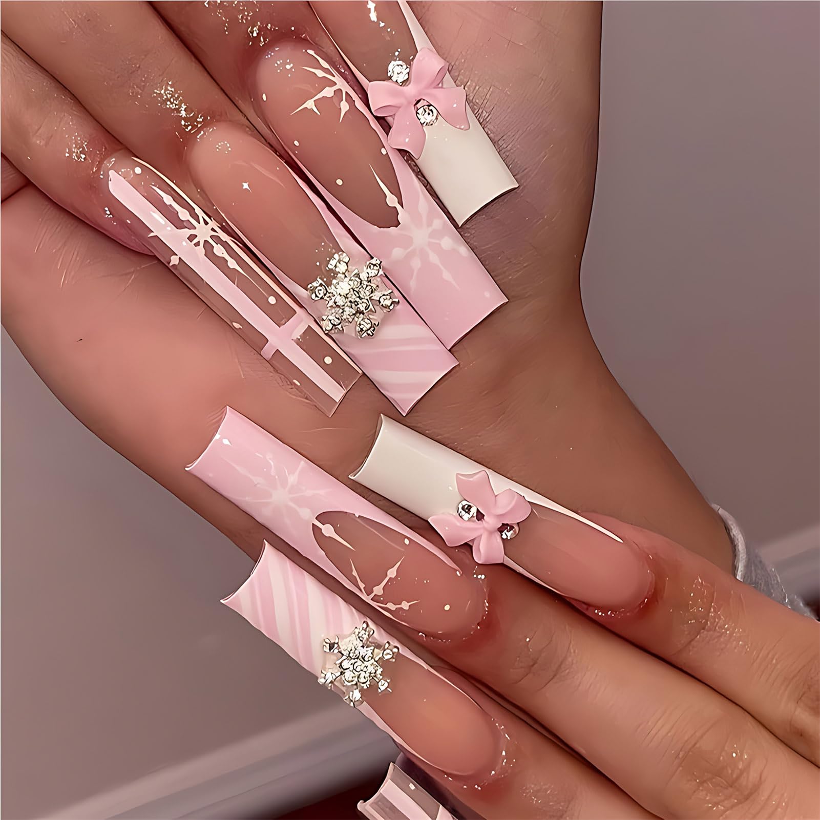 koopnati Christmas press on nails with snowflakes and bow for festive sparkle