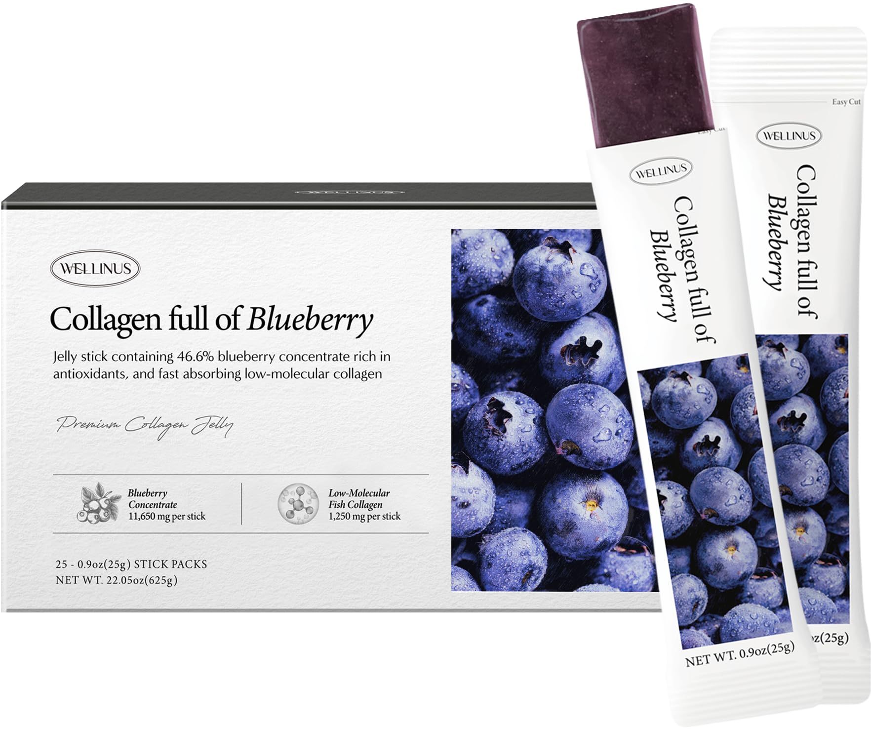 Box of Korean marine collagen jelly sticks in blueberry flavor