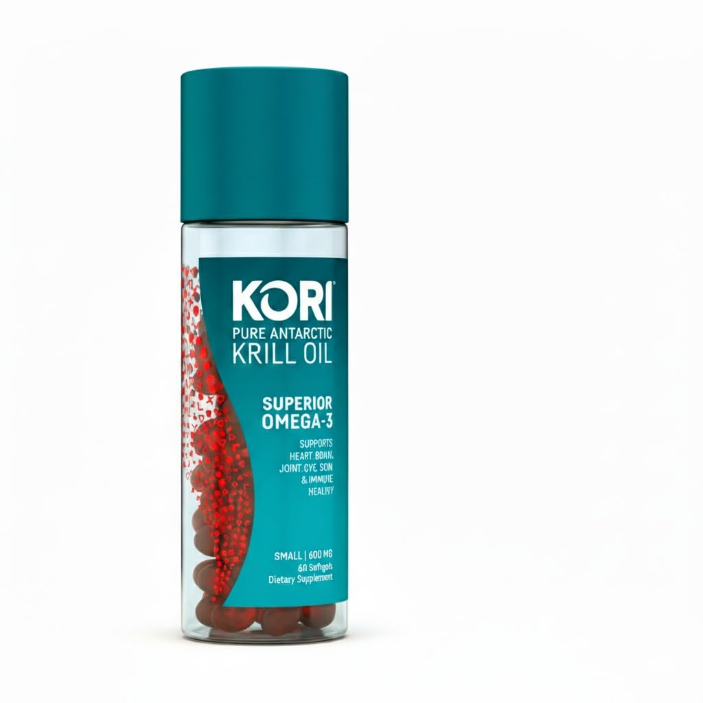 Front view of Kori Krill Oil Omega-3 600 mg softgels bottle