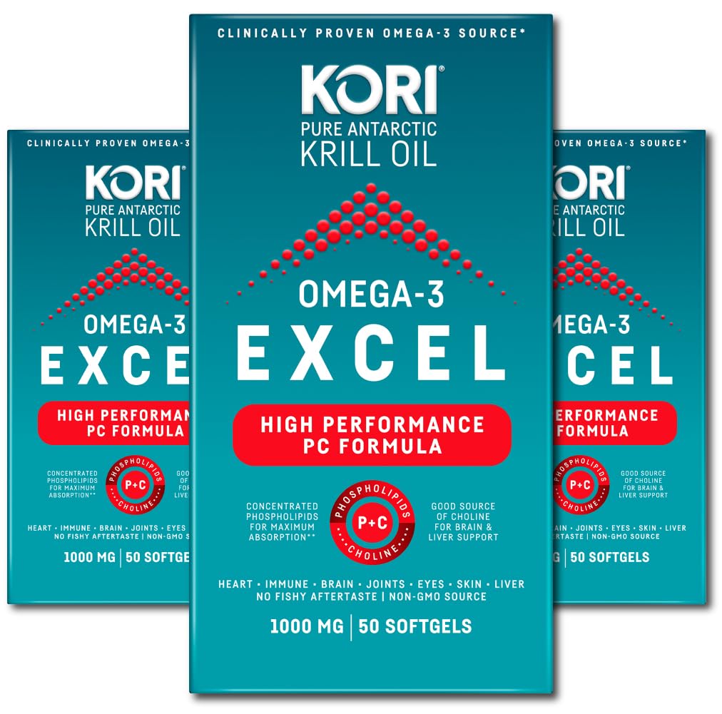 Front view of Kori Krill Omega 3 Excel 1000mg bottle
