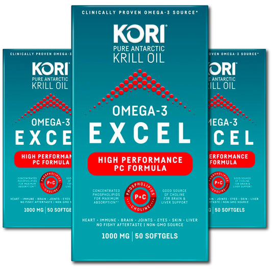 Front view of Kori Krill Omega 3 Excel 1000mg bottle