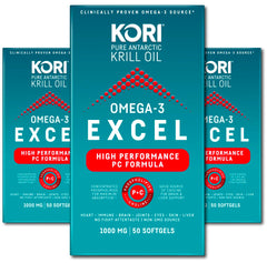 Front view of Kori Krill Omega 3 Excel 1000mg bottle