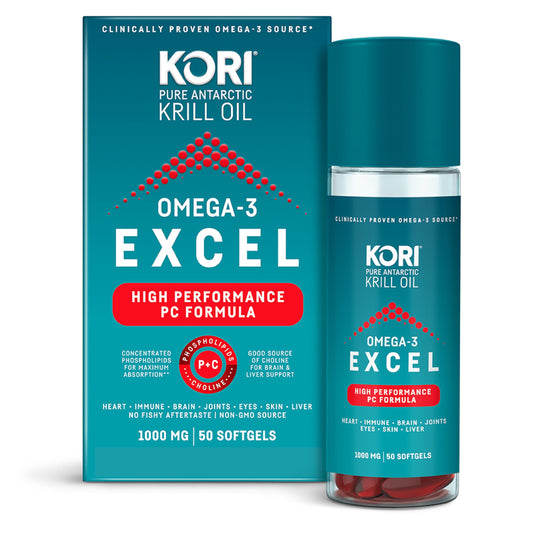 Kori Krill Omega 3 Excel 1000mg softgels spilling from bottle
