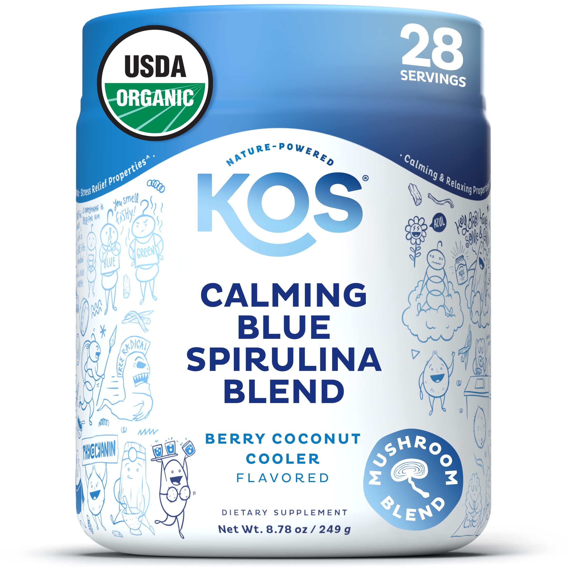 Front label of KOS Calming Blue Spirulina Blend container