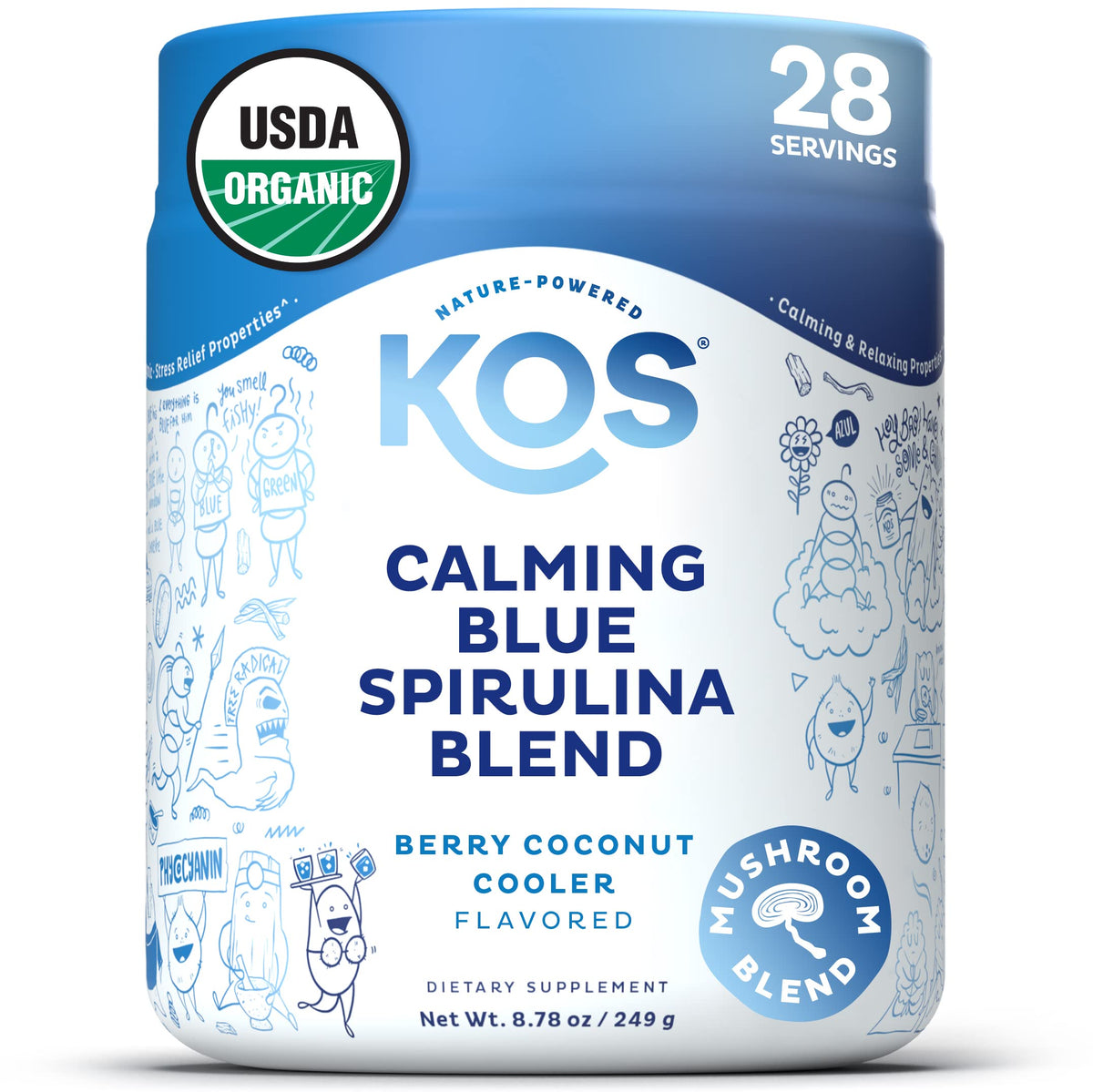Front label of KOS Calming Blue Spirulina Blend container