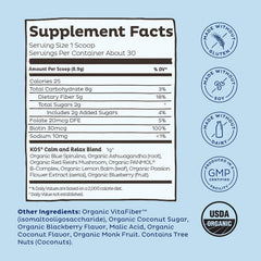 Close-up of ingredients: blue spirulina, reishi, lemon balm, ashwagandha