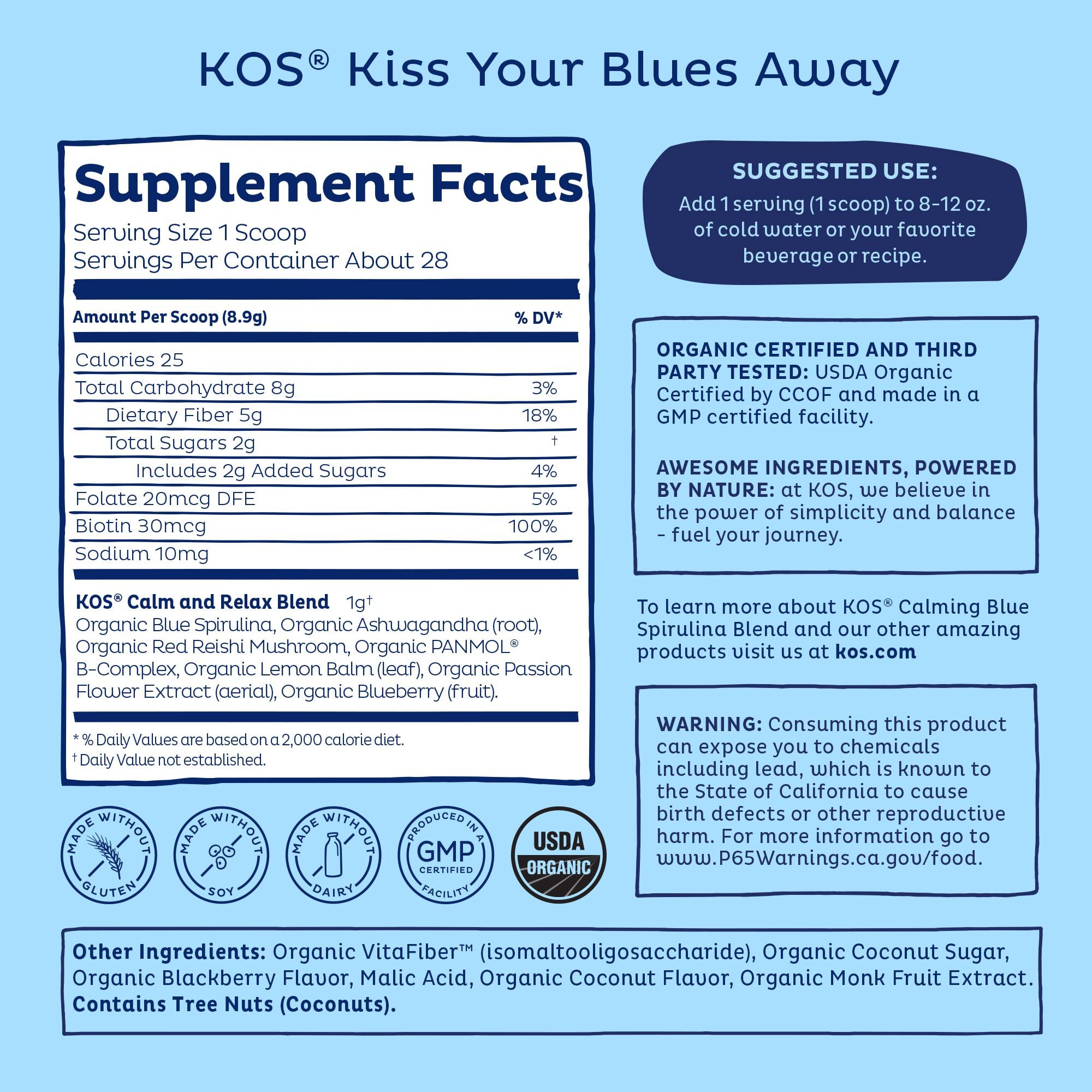 Serving guide for KOS Calming Blue Spirulina Blend