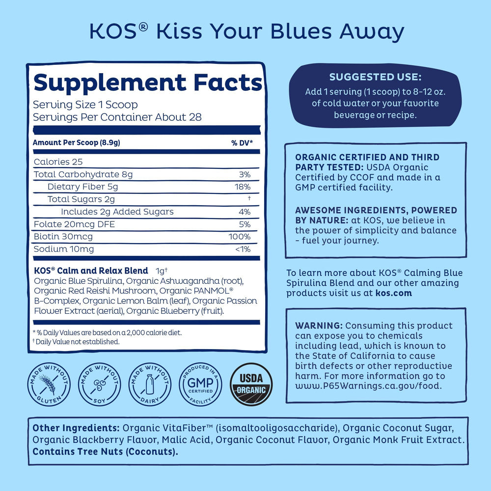 Serving guide for KOS Calming Blue Spirulina Blend