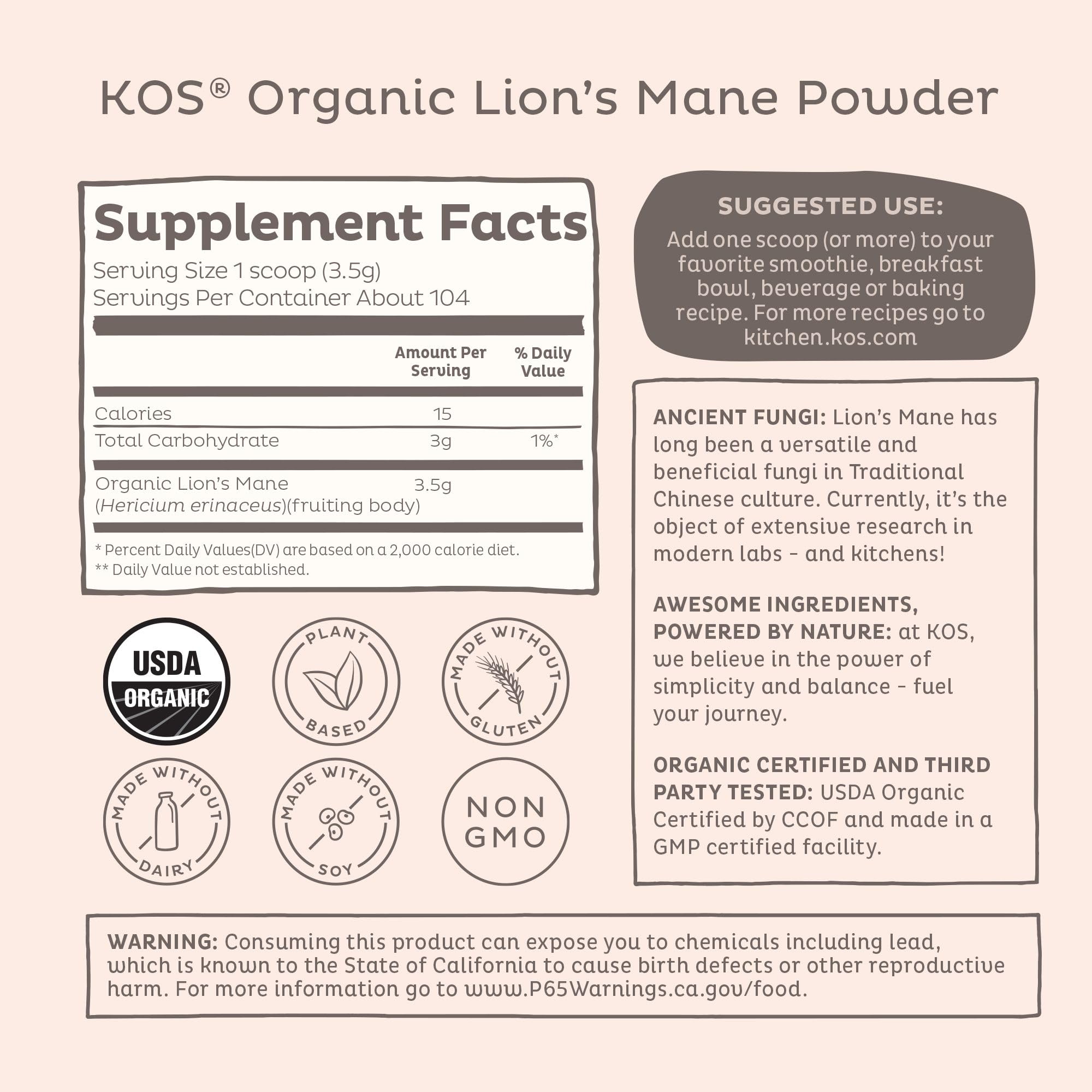 KOS Organic Lion's Mane Powder packaging box