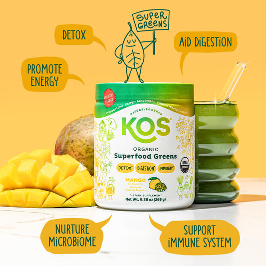 Close-up of Mango flavored greens powder label