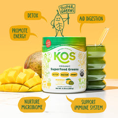 Close-up of Mango flavored greens powder label