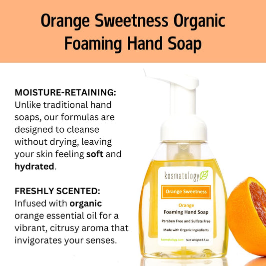 Kosmatology Orange Sweetness bottle pour showing easy dose for gentle cleansing.