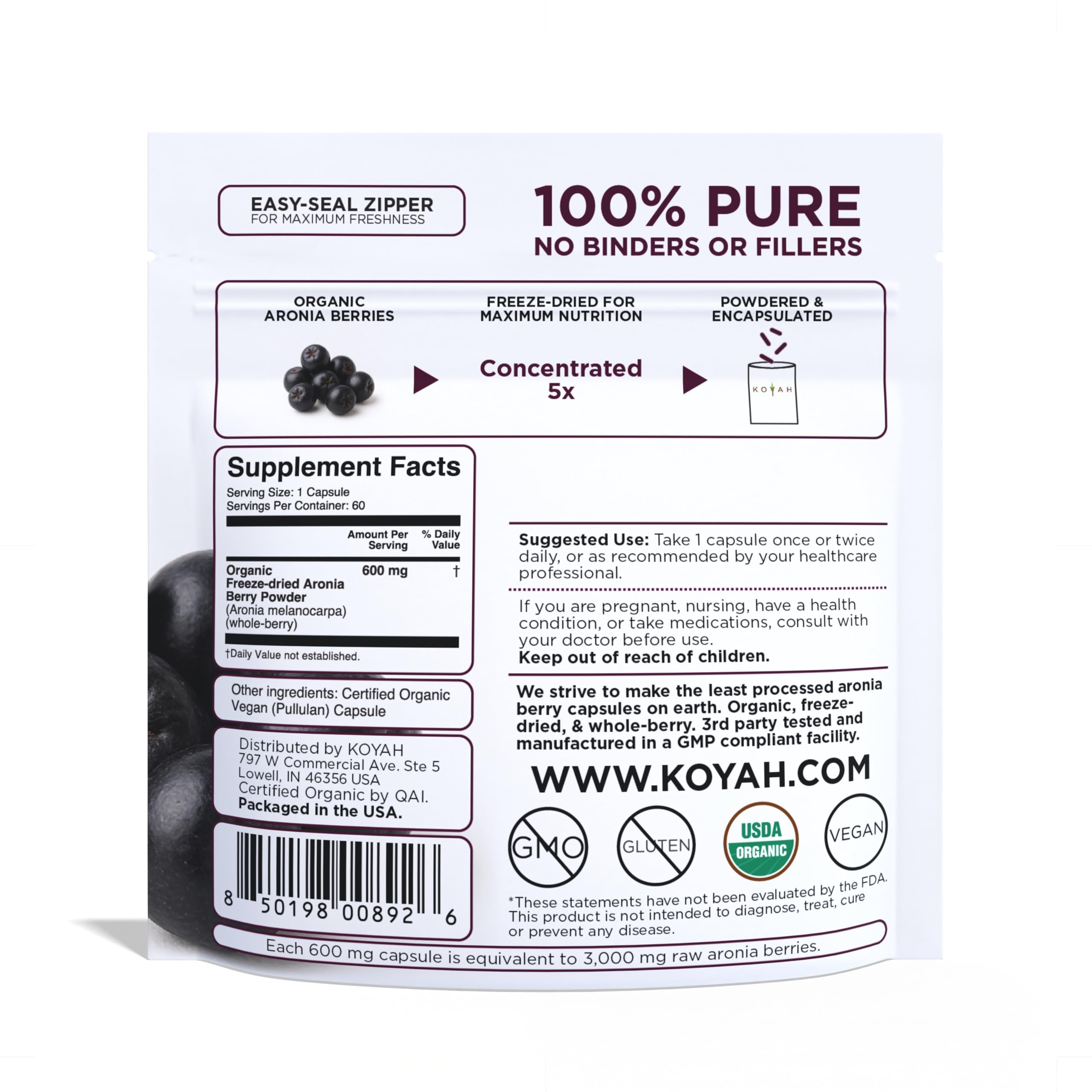 Vegan capsule filled with organic aronia berry powder