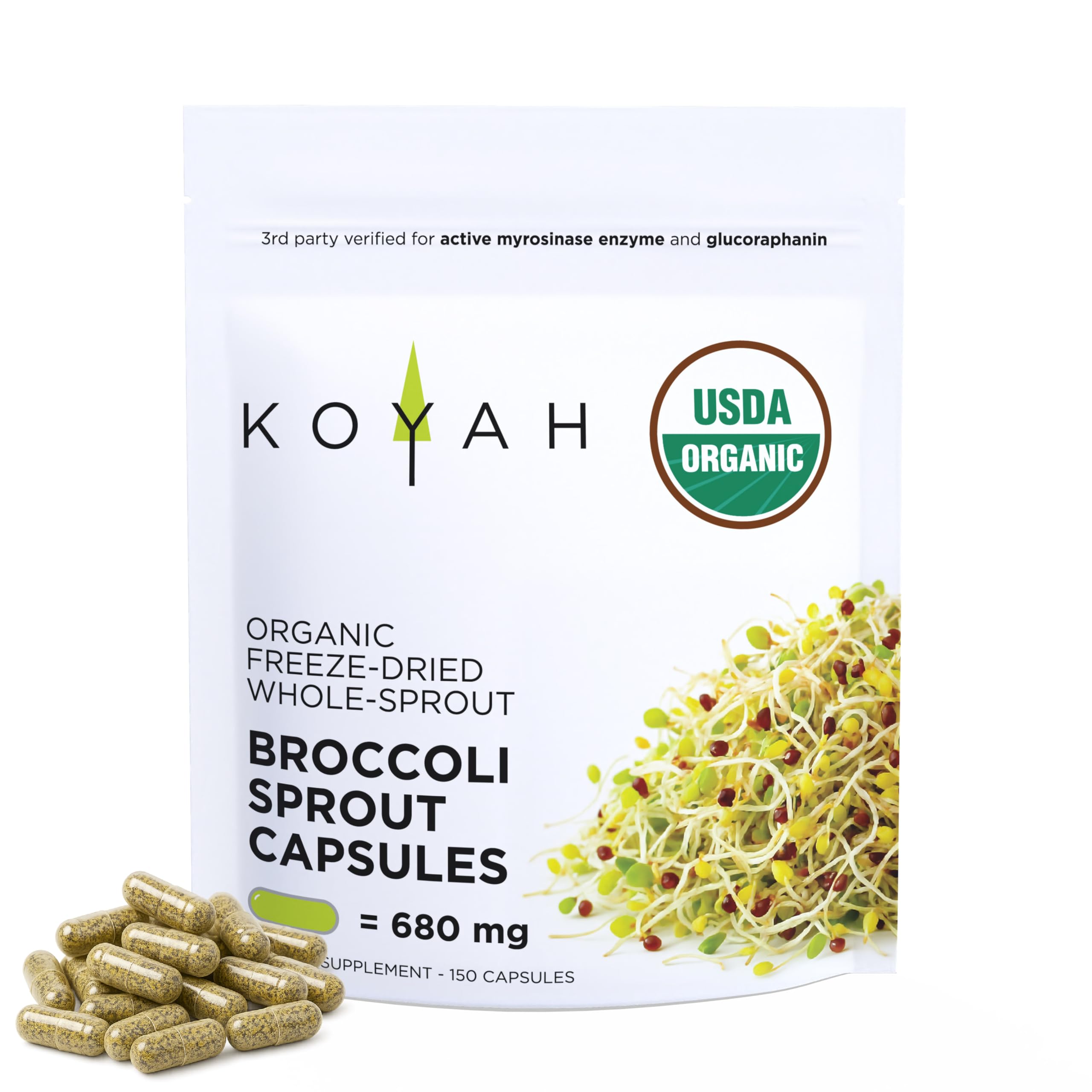 KOYAH Organic broccoli sprout capsules bottle front for daily wellness support.