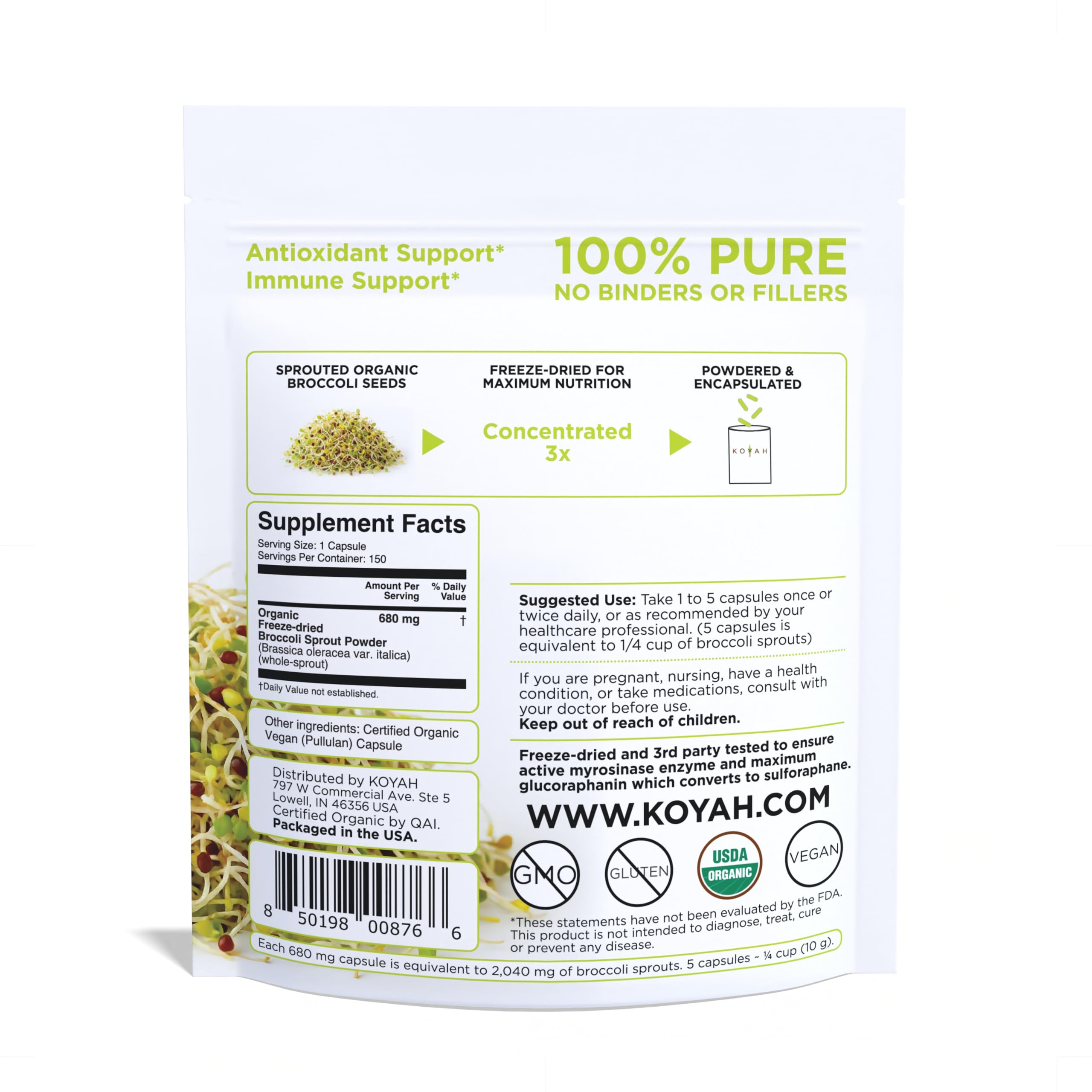 KOYAH broccoli sprout label highlights organic origin and quality.