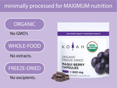 Koyah ingredients label showing organic maqui berry powder and vegan capsule
